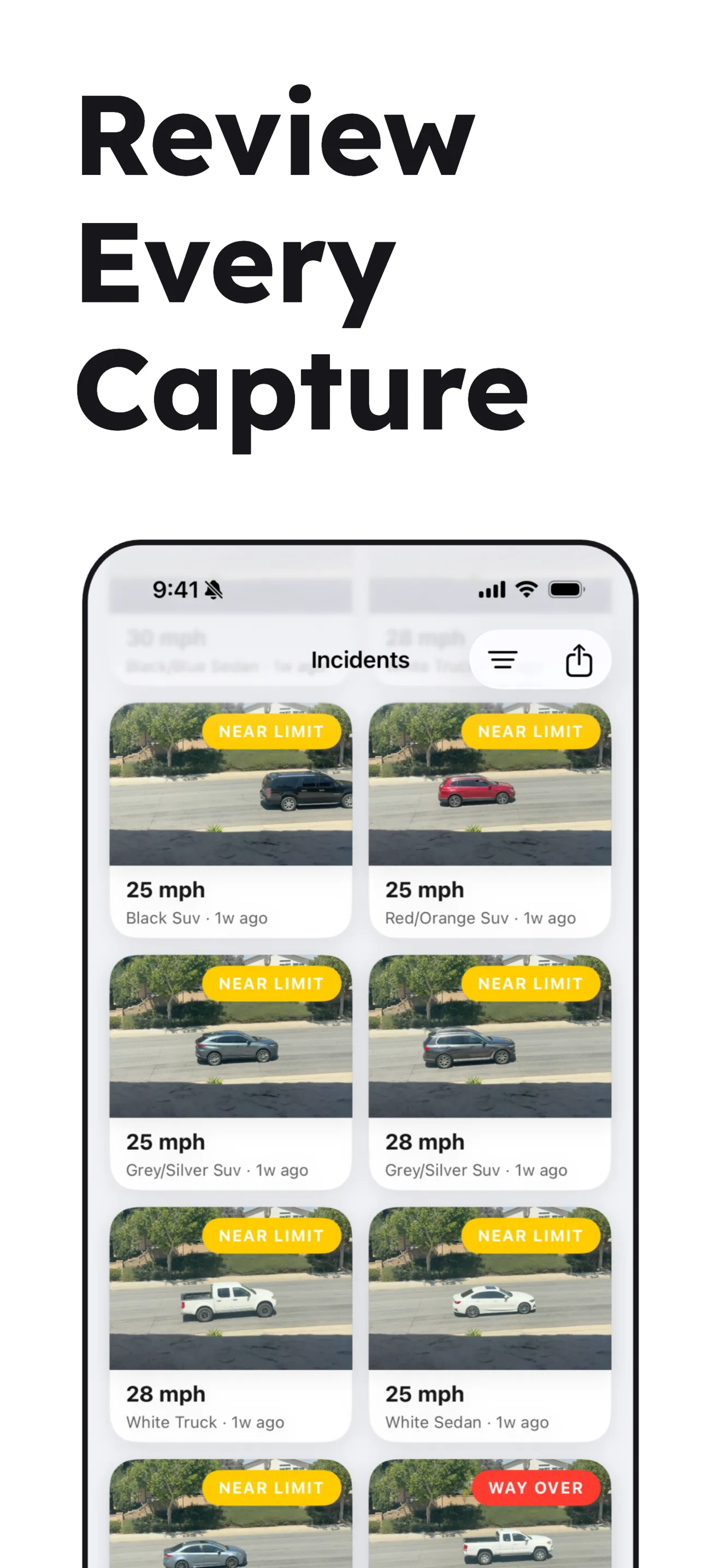 Review every capture: gallery of burst stills, each with speed and timestamp.