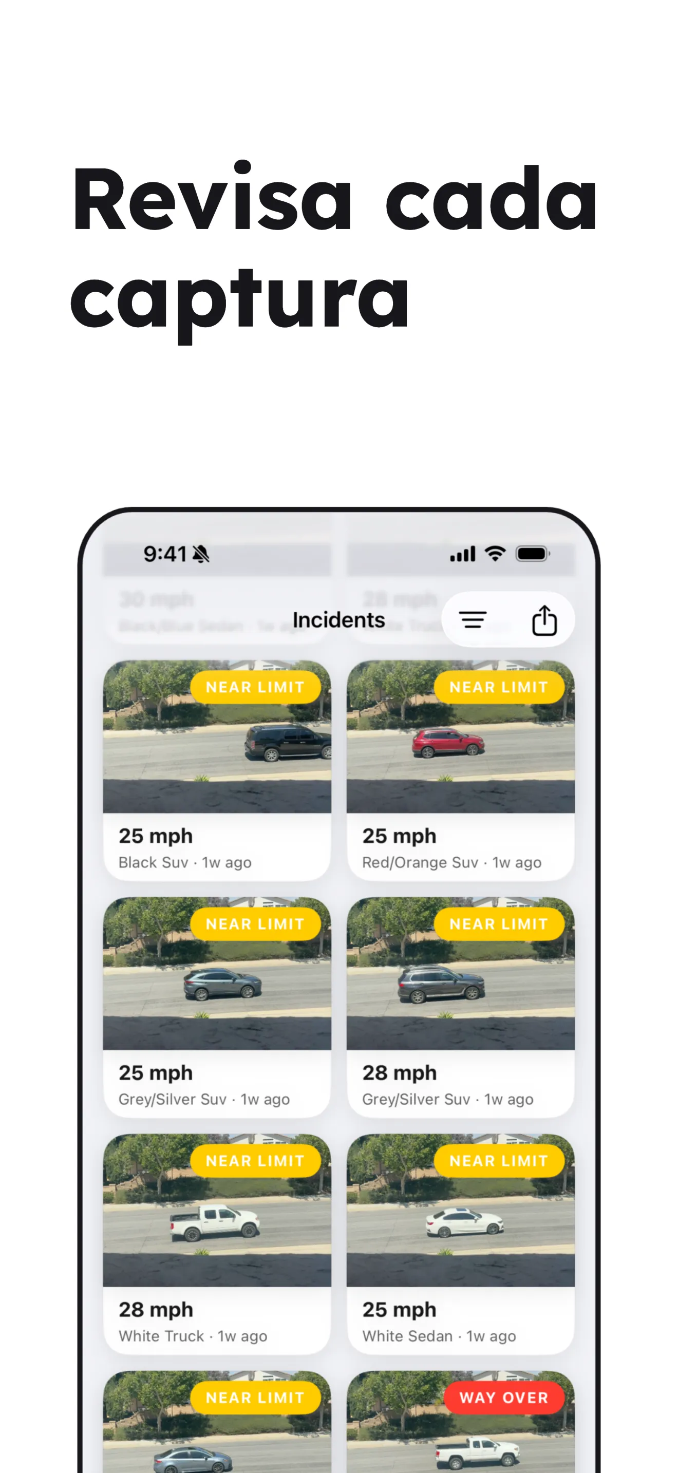 Revisa cada captura: galería de ráfagas de fotos, cada una con velocidad y marca de tiempo.