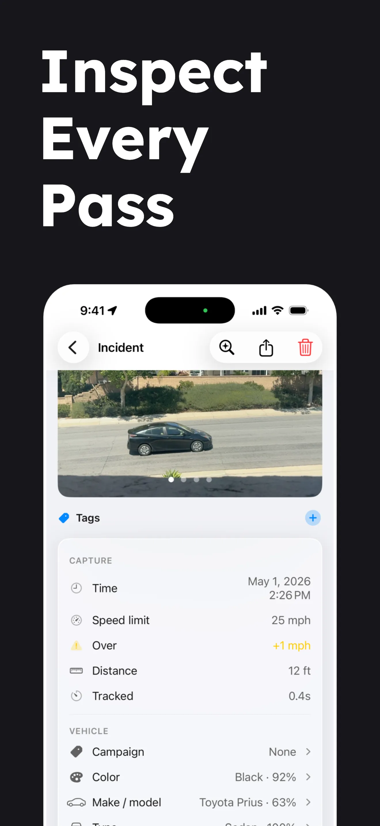 Inspect every pass: full detail view with speed, tags, color, confidence, and distance.