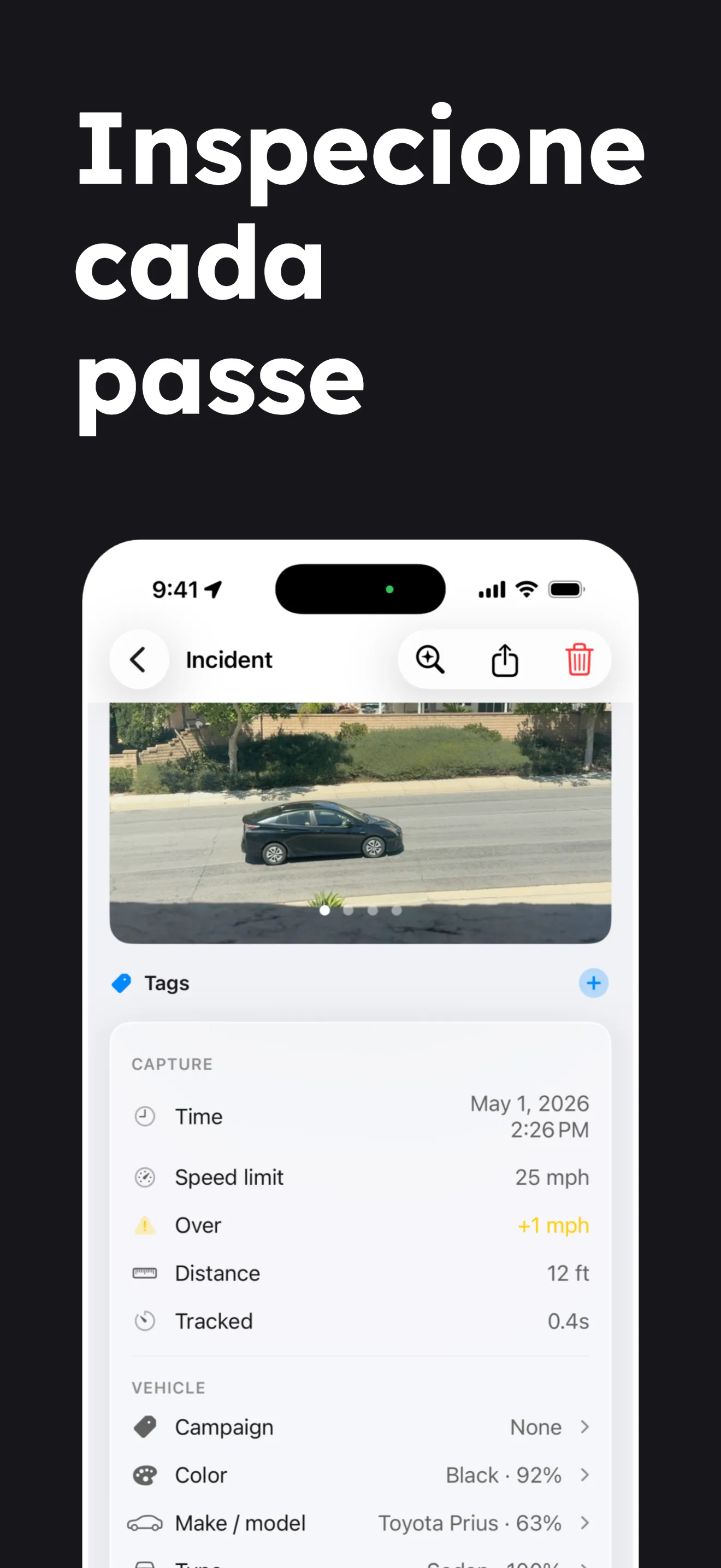 Inspeciona cada passagem: vista de detalhe completa com velocidade, etiquetas, cor, confiança e distância.