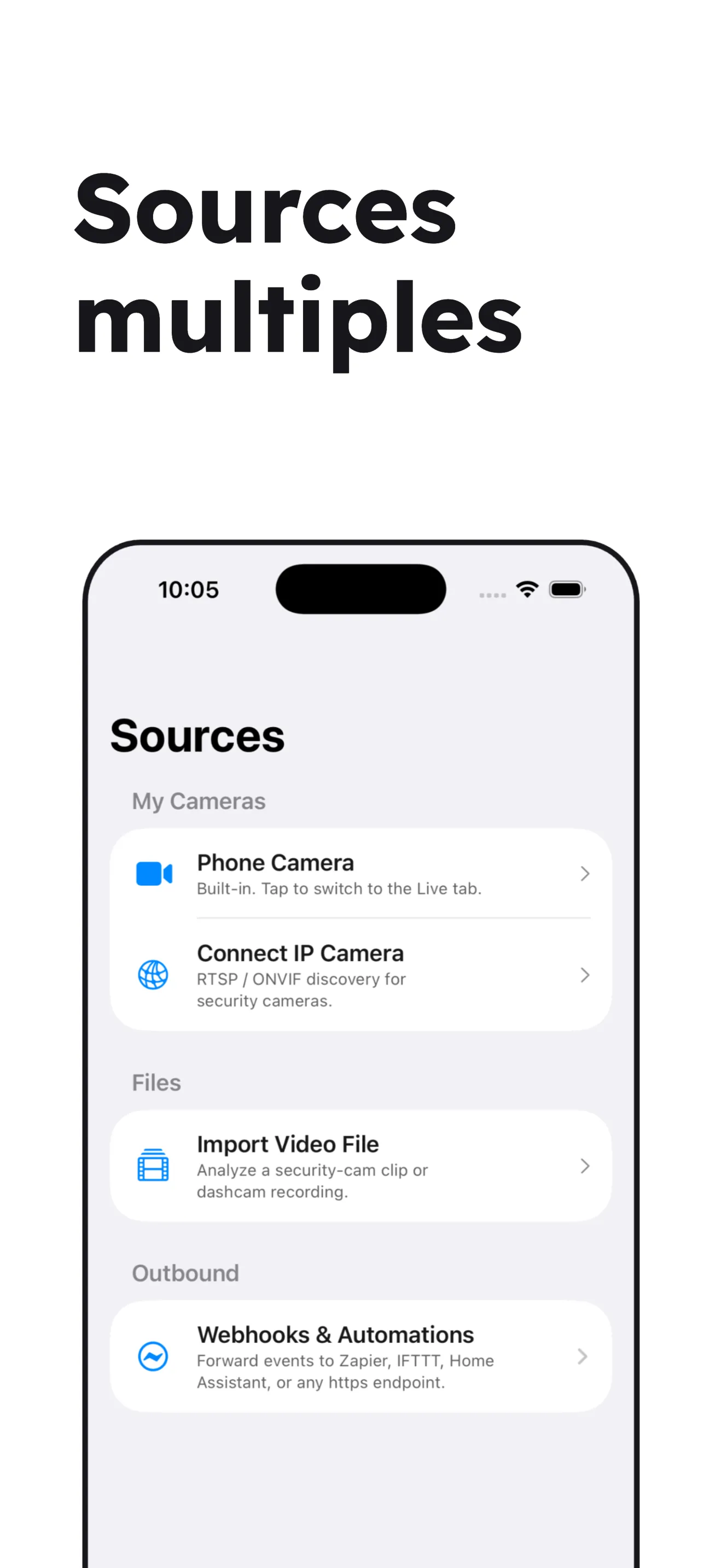 Sources multiples : caméra du téléphone, caméras IP, vidéo importée et webhooks sortants.